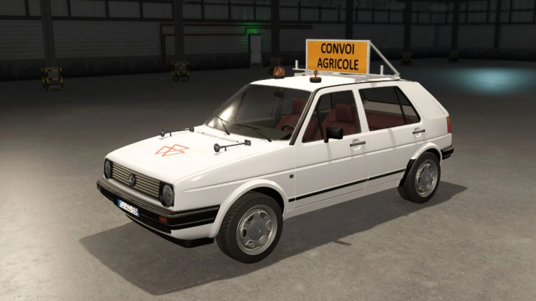 Farming Simulator 25 mod: Volkswagen Golf II GL Edt in white with a yellow agricultural convoy sign, used in FS25 mods.