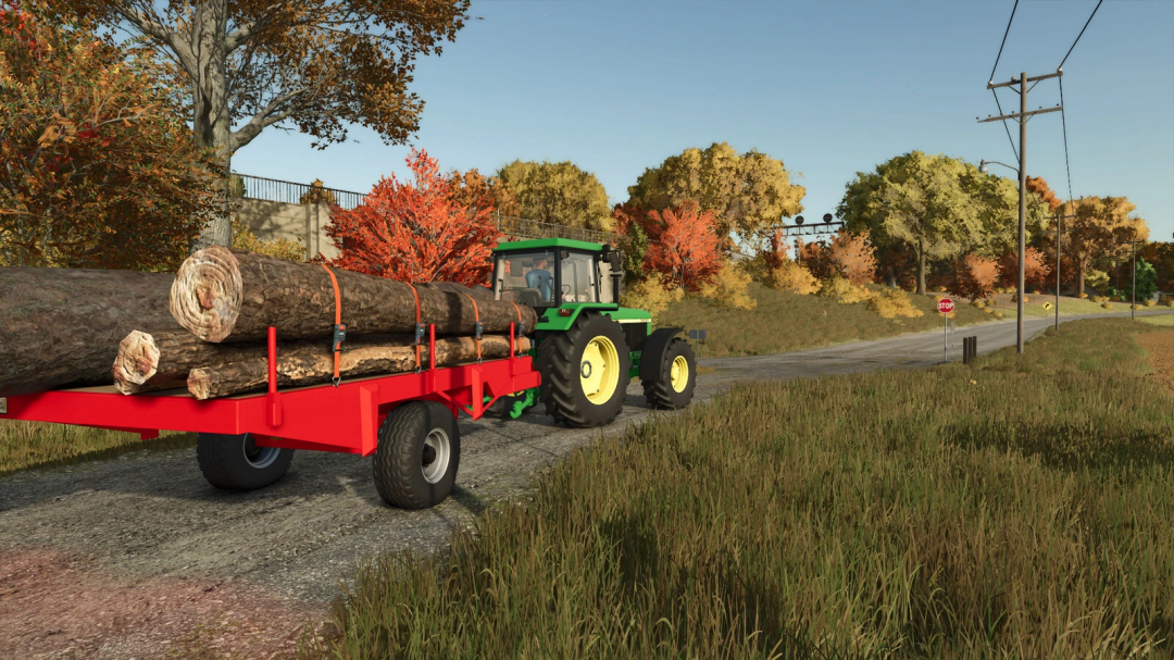 Farming Simulator 25 mod: green tractor pulling a red wood trailer loaded with logs in an autumn landscape.