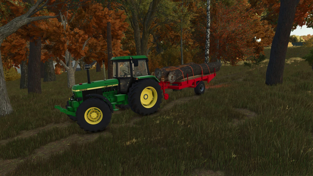 Farming Simulator 25 mod: John Deere tractor with wood trailer carrying logs in an autumn forest.