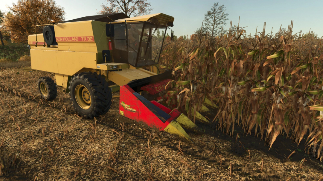 Farming Simulator 25 mod: Ziegler Corn Champion 5R 7R harvesting corn in a field during autumn.
