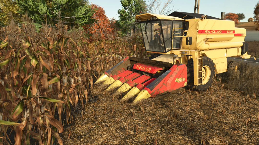 FS25 mod image of Ziegler Corn Champion 5R 7R harvesting corn in a field with autumn trees in the background.