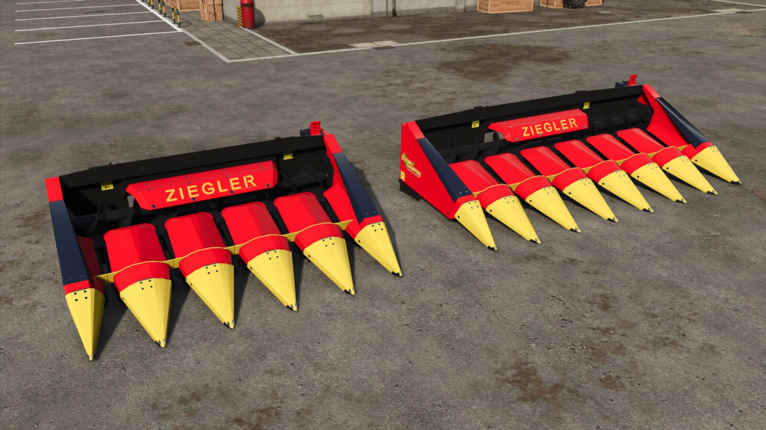 FS25 mods: Ziegler Corn Champion 5R 7R harvesting head attached to a combine in Farming Simulator 25.