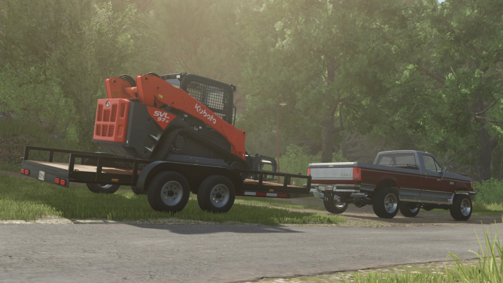 fs25-mods,  Farming Simulator 25 mods: Kubota SVL 97-2 mini excavator on a flatbed trailer, ready for transport.