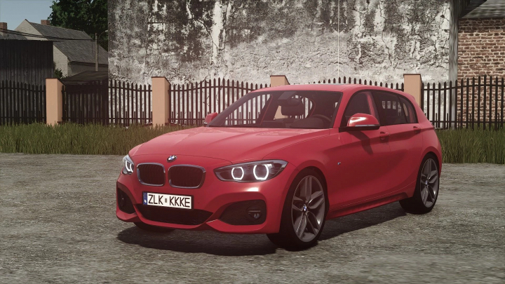 fs25-mods,  Red BMW F20 hatchback in Farming Simulator 25 with BMW F20 v1.0.0.2 mod, parked on a dirt road near a fence.