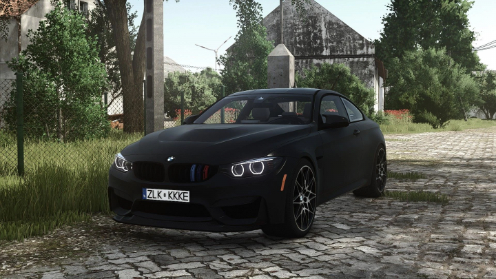 fs25-mods,  Black BMW M4 car with custom blue and red stripes, parked on a cobblestone road in Farming Simulator 25 with the BMW M4 v1.3.0.0 mod.