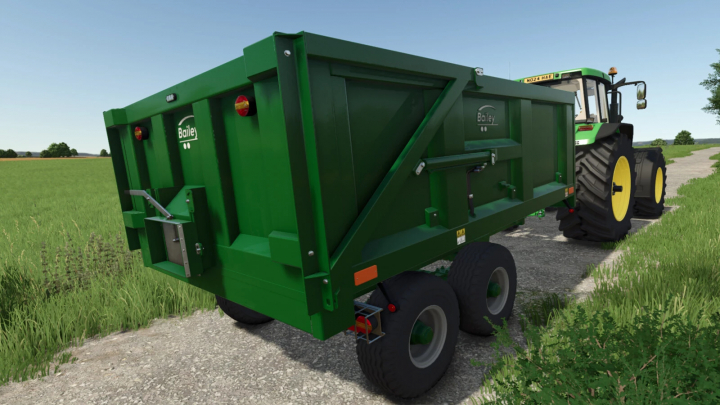 fs25-mods,  Farming Simulator 25 mod: Bailey TB Trailer Pack v1.0.0.2, a green agricultural trailer on a rural dirt path.