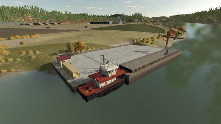 fs25-mods, Cargo Ship v2.0.0.0 from Farming Simulator 25 mods, docked at the port with containers and a crane, ready for loading or unloading.
