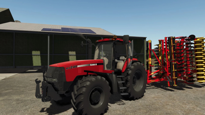 fs25-mods, Farming Simulator 25 mod: Case IH MX Magnum EU v1.2.0.0 tractor with attached planting equipment on a farm, realistic graphics.