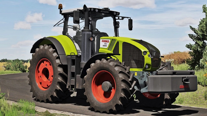 fs25-mods,  Farming Simulator 25 mod of Claas Axion 900 Series v1.0.0.0, a detailed agricultural tractor with bright green and black design, on a rural road.