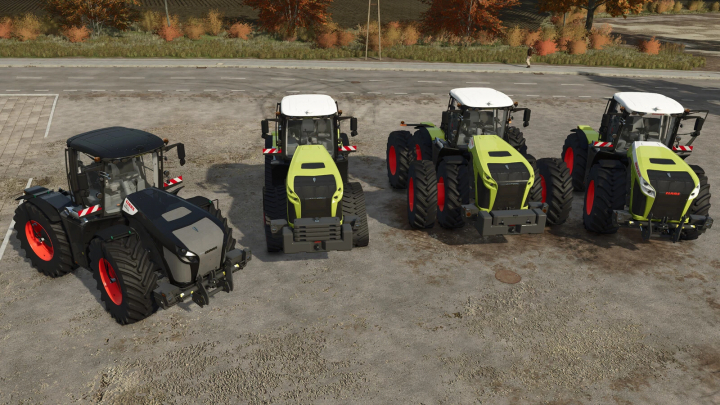 fs25-mods,  Four Claas Xerion 4200 - 5000 tractors from FS25 mods displayed on a farm lot in Farming Simulator 25.