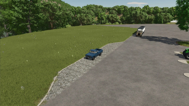 fs25-mods,  Farming Simulator 25 mod: Curb Pack v1.0.0.0, showing a stone curb along a grassy area with trees in the background.