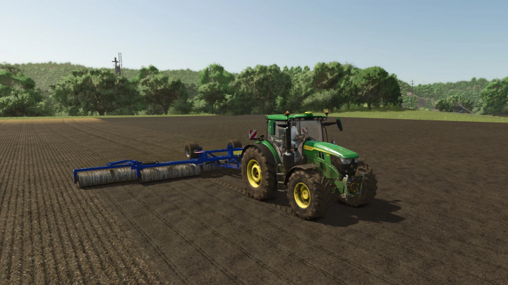 fs25-mods,  Farming Simulator 25 mod image showing a green tractor with a blue Dalbo PowerRoll 1230 implement on a plowed field.