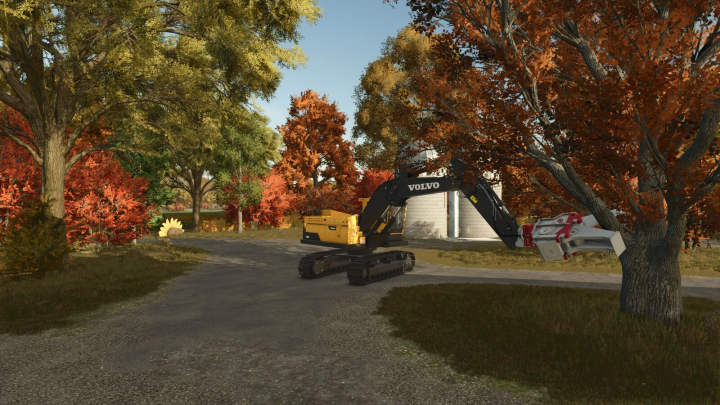fs25-mods,  Farming Simulator 25 mod featuring a Volvo excavator with Demarec MQP-30 attachment working near autumn trees.