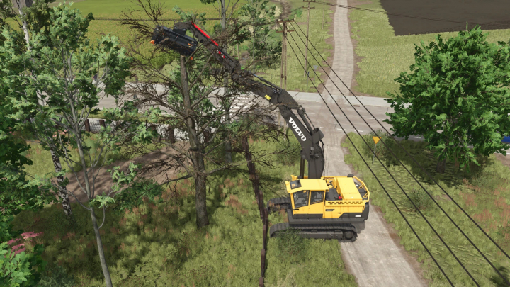 fs25-mods,  Farming Simulator 25 mod: Volvo excavator with extended arm removing trees and clearing power lines.