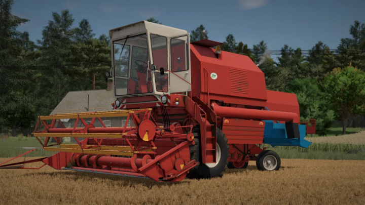 fs25-mods,  FS25 Bizon Pack v1.0.0.0 mod in Farming Simulator 25, featuring a red agricultural harvester with a yellow cutting header on a farm field.