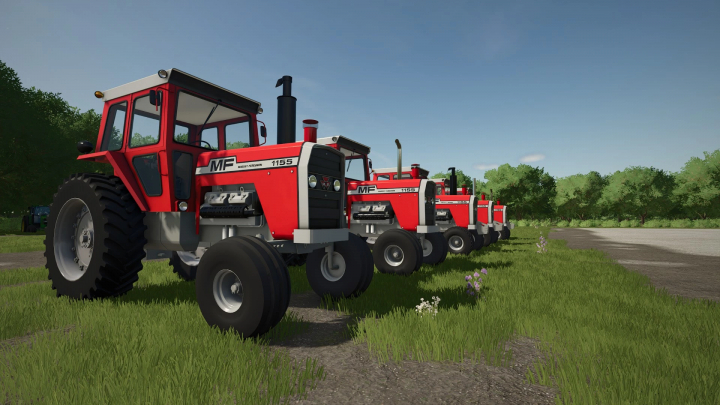 fs25-mods,  Farming Simulator 25 mods: lineup of red Massey Ferguson 1155 tractors on a grassy field, part of FS25 mods collection.