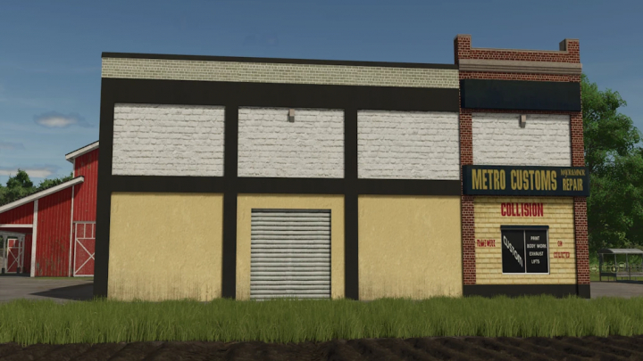 fs25-mods, Farming Simulator 25 mod showcasing FS25 Metro Customs v1.0.0.0 building with signage for vehicle collision repair and custom modifications.
