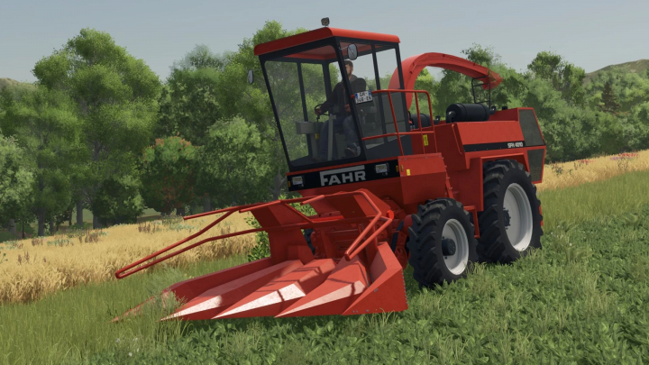 fs25-mods, Farming Simulator 25 mod: red Fahr SFH 4010 II agricultural tractor with mower attachment on a farm field.