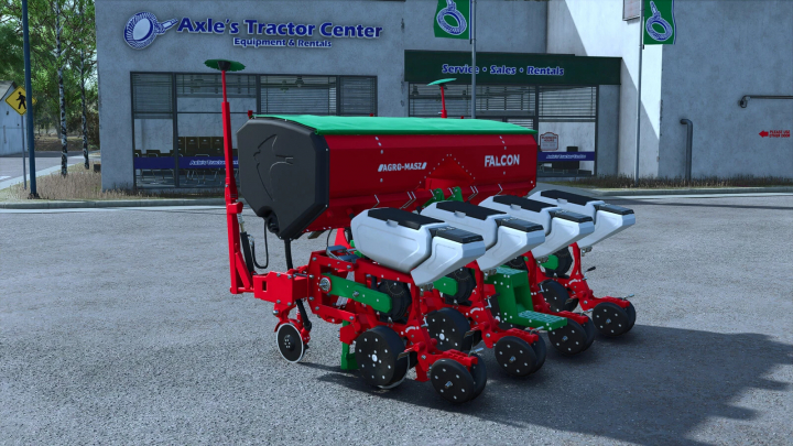 fs25-mods, Farming Simulator 25 mod: Falcon3 Seeder v1.0.0.0, precision seeder equipment from Agro-Masz, parked outside Axle's Tractor Center.