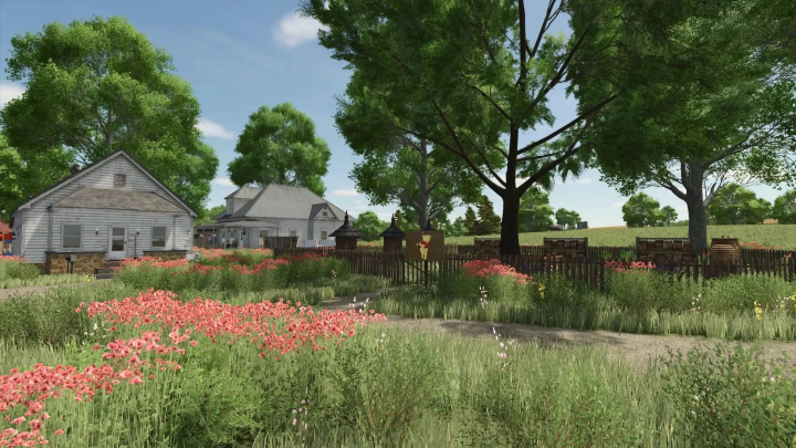 fs25-mods, Farming Simulator 25 mod showcasing a peaceful farm with houses, large trees, colorful flowers, and garden fences.