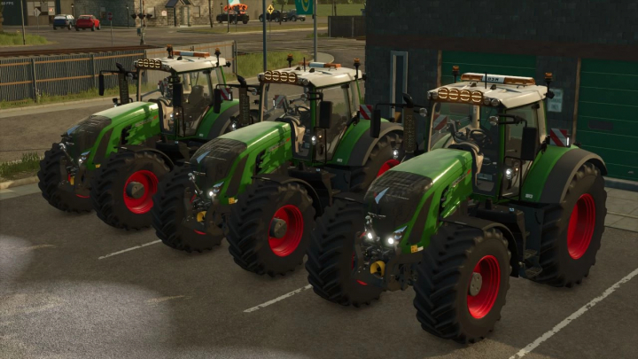 fs25-mods,  Three Fendt 900 Vario S4 tractors from FS25 mods parked outside a building in Farming Simulator 25.