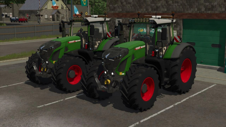 fs25-mods, Two Fendt 900 Vario Series Gen7 tractors from FS25 mods parked in a lot beside a green garage.