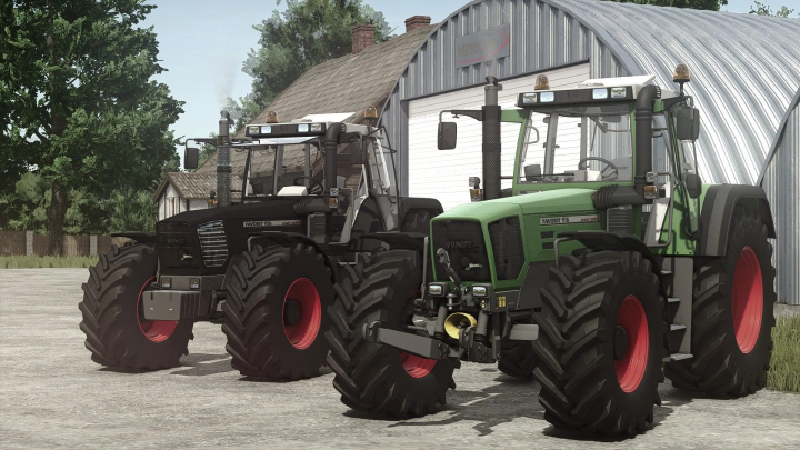 fs25-mods, Farming Simulator 25 mods: Two Fendt Favorit 900 Vario tractors parked outside a farm building.