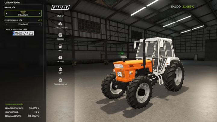 fs25-mods,  Farming Simulator 25 mod featuring a Fiat 1300 DT tractor with 110 kW power, manual transmission, 200L fuel capacity, and a top speed of 25 km/h.