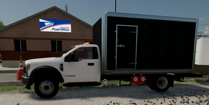 fs22-mods,  Farming Simulator 22 mods: Ford Work Site Truck v1.0.0.0 with a large cargo container, parked outside a USPS postal office.