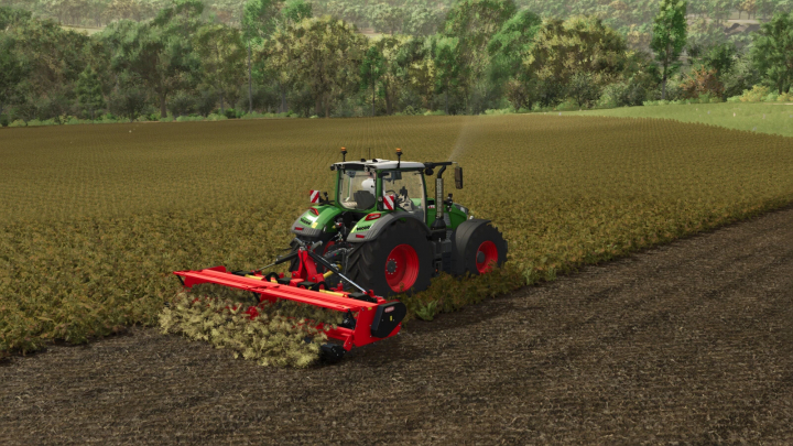 fs25-mods, Farming Simulator 25 mod: Green tractor with red Forigo Roteritalia shredders pack working in a field.