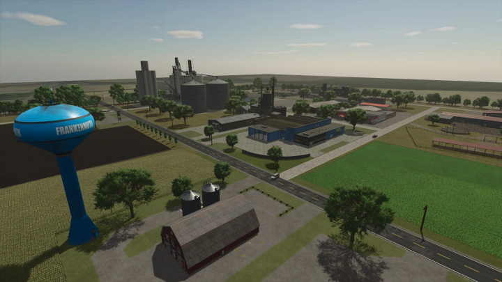fs25-mods,  A detailed view of the Frankenmuth Farming Map from FS25, featuring farmland, industrial buildings, and a water tower with 'Frankenmuth' label.