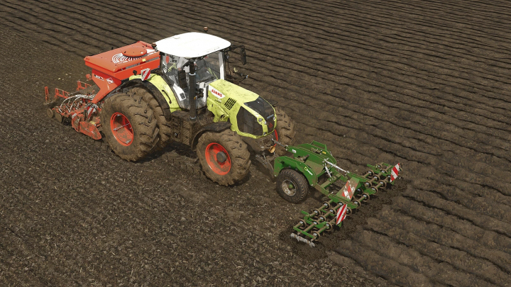 fs25-mods,  Farming Simulator 25 mod featuring a CLAAS tractor with tyre weights attached, cultivating fields with FS25 mods.