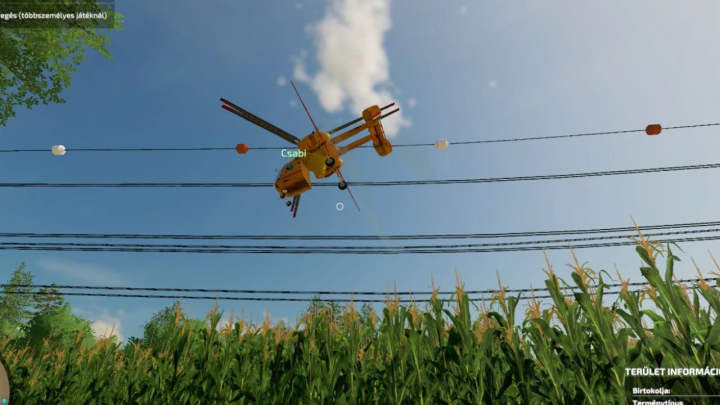 fs25-mods,  Farming Simulator 25 mod showing a helicopter spraying fertilizer over a cornfield, part of the FS25 mods for crop enhancement.