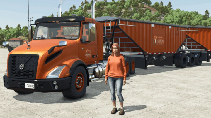 fs25-mods, Farming Simulator 25 mod: custom orange Volvo VNX 300 truck with trailer, shown with a female avatar in an open lot.