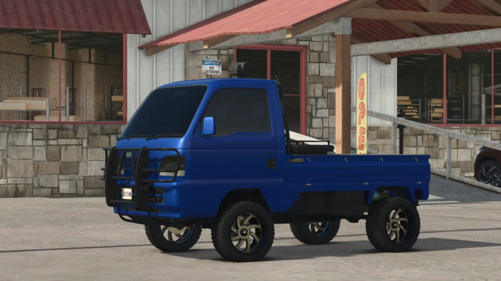 fs25-mods,  Blue Honda Acty mini truck mod from Farming Simulator 25, shown parked outside next to a building with a 'OPEN' sign.