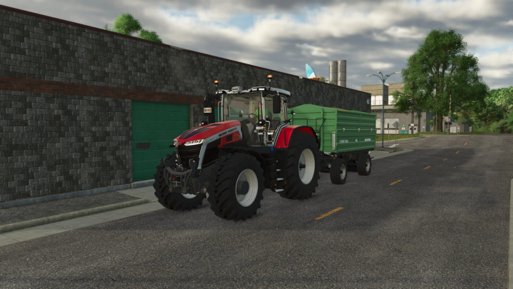 fs25-mods, Farming Simulator 25 mod: Massey Ferguson tractor with trailer parked on a street for ingame time operating hours.