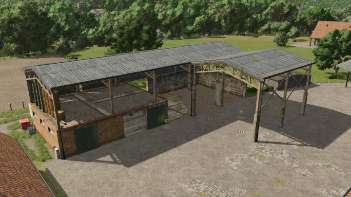 fs25-mods,  Ivoy Straw Hangar v1.0.0.0 mod for Farming Simulator 25, featuring a weathered open farming storage shed with metal roofing and wooden supports.