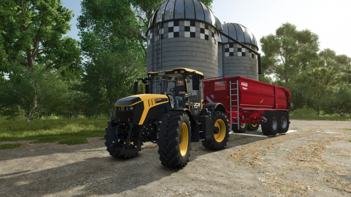 fs25-mods, Farming Simulator 25 mod: JCB Fastrac 4000 ICON v1.1.0.0 with red trailer, on a farm with silos, in a rural environment.