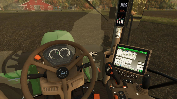 fs25-mods, Inside view of a farming tractor cab with a digital dashboard and monitor, part of FS25 mods, Farming Simulator 25 mods in Farming Simulator 25.