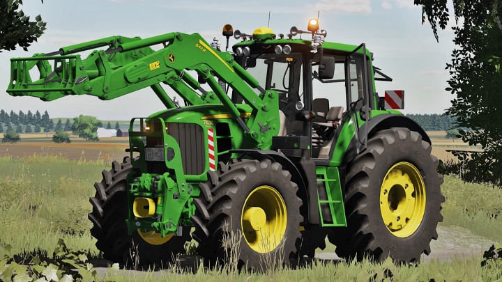 fs25-mods, Farming Simulator 25 mod: John Deere 7030 Premium Series tractor with front loader, in a field setting for FS25 mods.