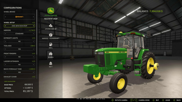 fs25-mods,  Farming Simulator 25 mod screenshot of John Deere 7810 tractor with detailed configuration in a virtual garage.