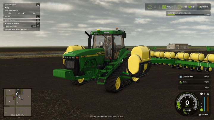 fs25-mods, Farming Simulator 25 mod featuring a John Deere 8410T tractor with saddle tanks, used for harvesting in Farming Simulator 25.