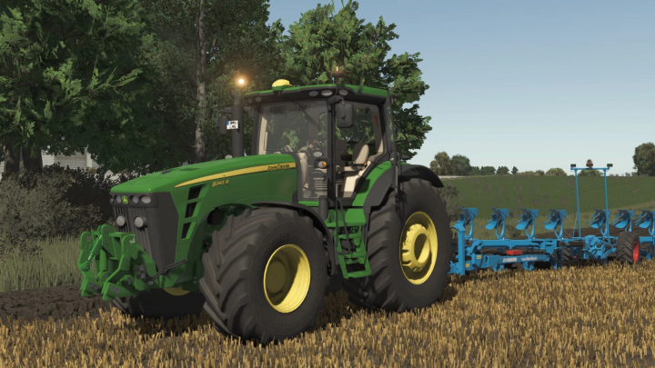 fs25-mods,  Farming Simulator 25 mod featuring a John Deere 8R 2009 tractor with plow attachment in a field.