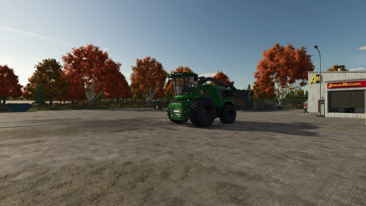 fs25-mods,  Farming Simulator 25 mod featuring a green John Deere 9000 Series tractor in a parking lot with autumn trees.