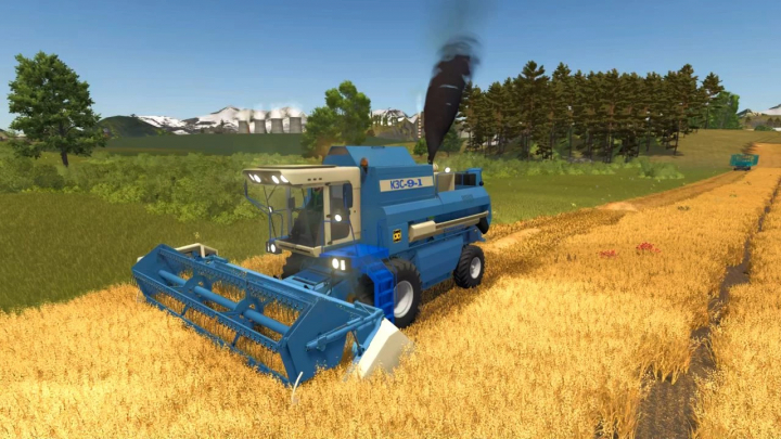 fs25-mods,  Farming Simulator 25 mod: K3C-9-1 Slavutych harvesting wheat in a field, with a blue harvesting machine in the foreground.