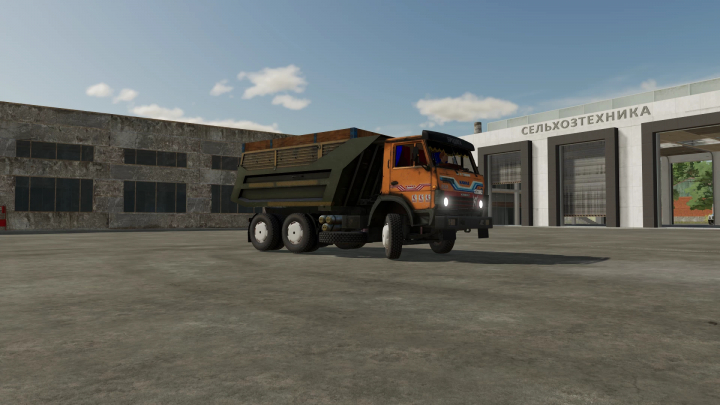 fs22-mods,  Farming Simulator 22 mod featuring a KamAZ 5511 truck, parked outside a rural building, part of FS22 mods collection.