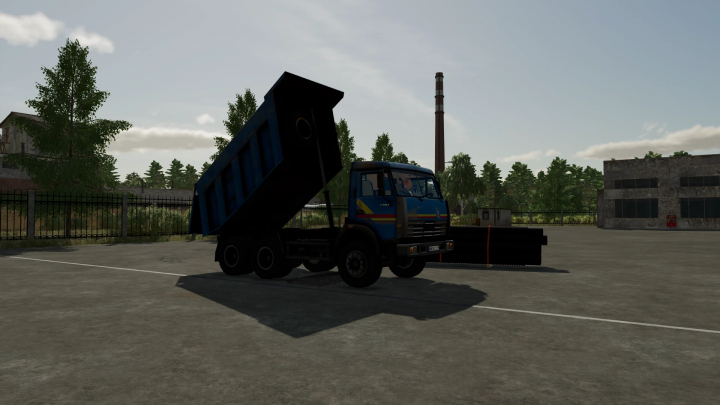 fs22-mods,  Farming Simulator 22 mod: KamAZ 65115 dump truck with tilted bed in the parking lot.