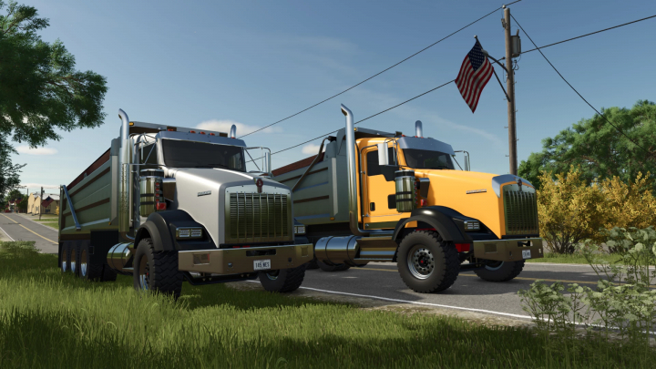 fs25-mods, Two Kenworth T800 dump trucks parked on a roadside with American flags and lush greenery, in Farming Simulator 25 mods.