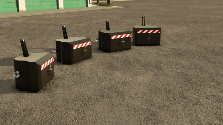 fs25-mods, Four Koja Weight Pack v1.0.0.0 mods for Farming Simulator 25 on pavement, used as weights for tractors or equipment.