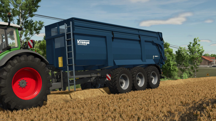 fs25-mods,  Farming Simulator 25 mods - Krampe Big Body 8/900 trailer attached to tractor on a farm field.